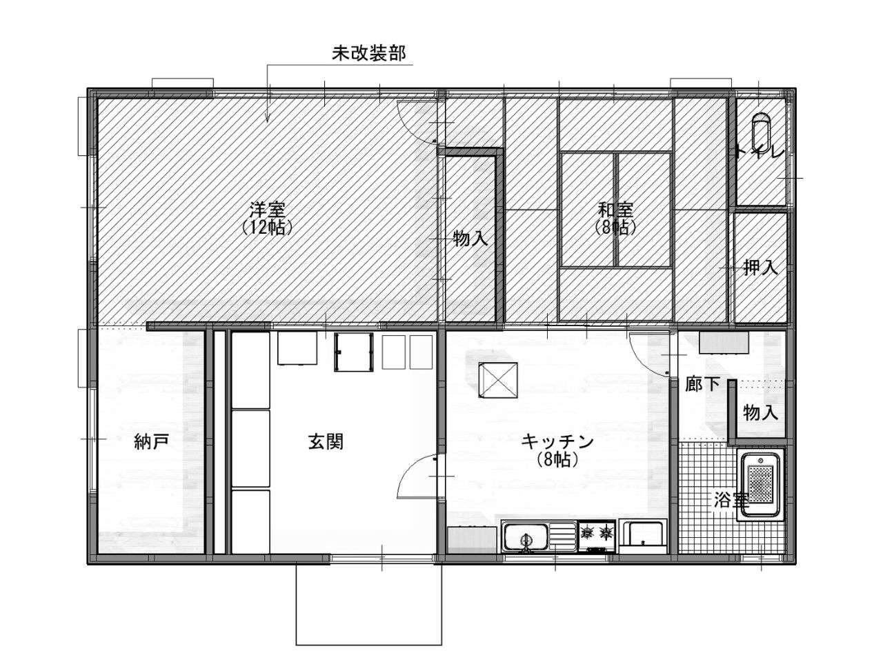 既設平面図　プランニング　キッチン　ダイニング　玄関　風呂　洗面　改装　リフォーム　リノベーション　半田市　知多市のカワイ建築工房